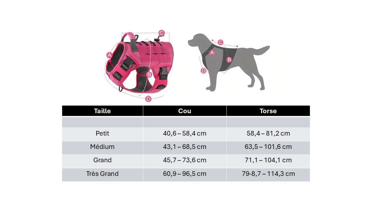 Guide grandeur harnais chien ajustement